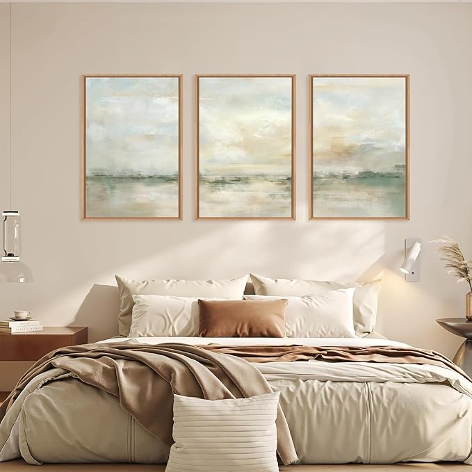 LHIUEM Large Abstract Green Gray Pastel Framed Canvas Wall Art,Neutral Landscape Wall Decor,Modern Watercolor Lake Artwork,Beige Textured Illustrations Art for Living Room,Bedroom,Office- 24"x36"x3