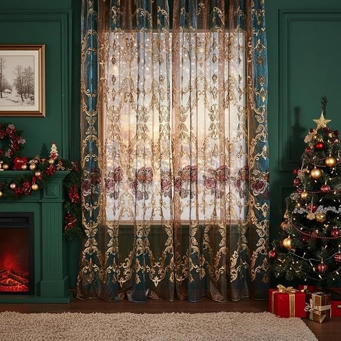 NAPEARL Luxury Embroidered Curtains for Patio Doors French Doors Living Room, European Style Extra Wide Sheer Doorway Curtain Drapes with Floral Patterns Pull Pleated Tape (100"W x 84"L (Pack of 1))