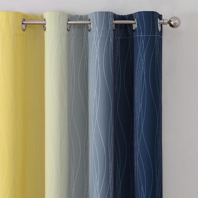 Estelar Textiler Navy Blue and Yellow Blackout Curtains 45 Inch Length, Full Light Blocking Gradient Drapes for Bedroom, Thermal Insulated Grommet Ombre Curtains for Bathroom,52Wx45L,2 Panels