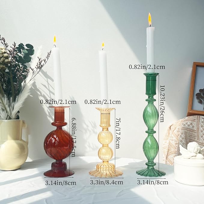 3pcs Glass Candlestick Holders Set of 3 for Decorations Vintage Ball Taper Candle Holder for Valentines Day Wedding Birthday Table Centerpiece