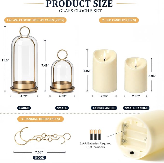Brass Hurricane Handmade Sturdy Glass Dome Candle Holders with Glass Cover, Set of 2 Flameless Battery Operated LED Pillar Candles and Remote, Elegant Cloche Lantern for Modern Table Centerpiece