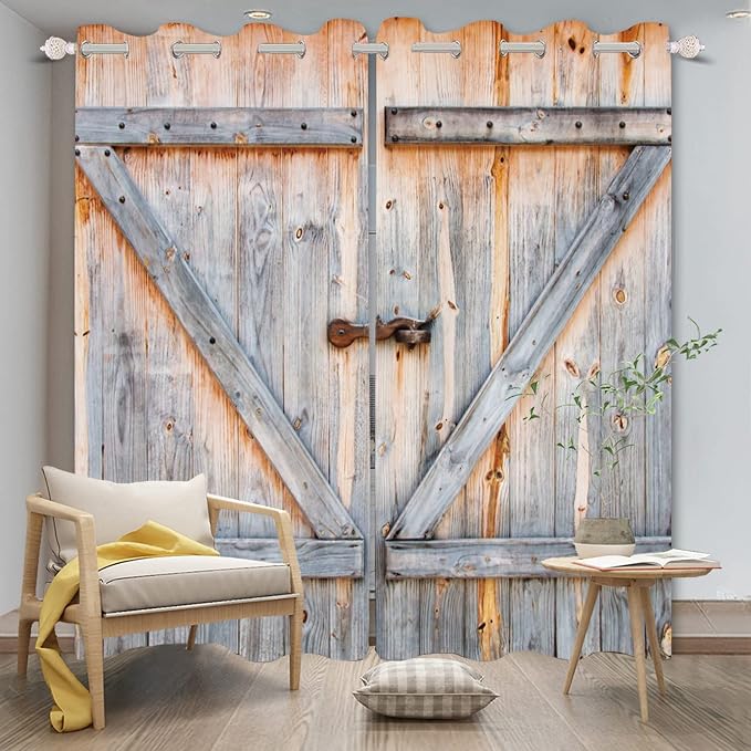 Closed Wooden Door Window Curtains Rustic Vintage Barn Door Kitchen Curtains Countryside Farmhouse Old Wood Planks Light Blocking Bedroom Drapery Treatments with Grommets,53x84 inch,2 Panels