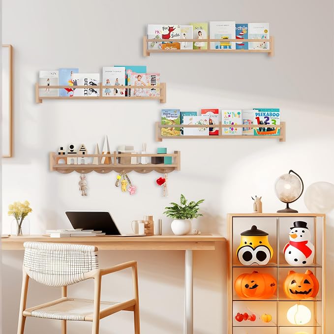 34Inch Nursery Book Shelves Wall Mounted, Floating Book Shelf for Kids Coat Rack with 6 Hooks, Wall Hanging Shelf for Baby Nursery Room Organizer ，Patent Number:US-D1058229-S(4, Burlywood)