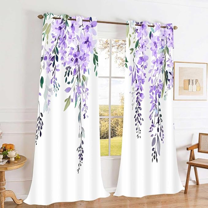 Purple Watercolor Floral Curtains, Botanical Leaves Vine Flowers Curtain, Rustic Farmhouse Flower Leaf Blackout Window Treatment Drapes for Bedroom Living Room 42x96 inch, 2 Panels