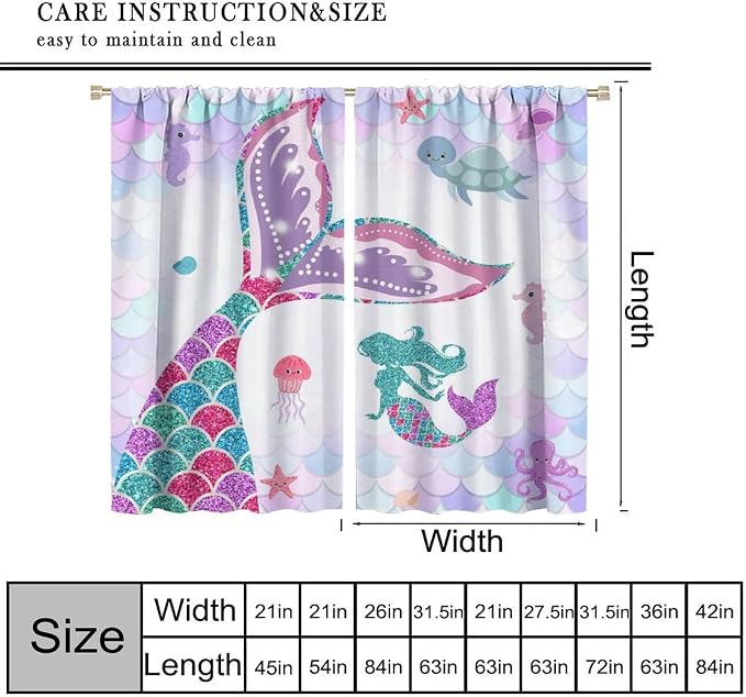 YCness Mermaid Curtains for Girls Bedroom Decor Fantasy Rainbow Colorful Cartoon Underwater Animals Art Printed Blackout Window Drapes Fabric Set 2 Panel 42x45 Inch 30% Shading Rate