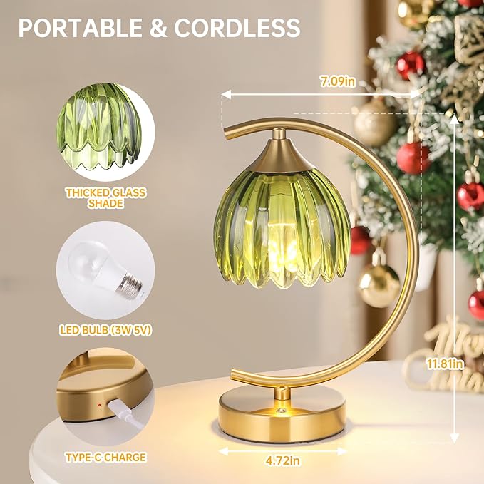 Shenmoyl Tulip Table Lamp, 5200mAh Cordless Touch Control Table Lamp with 3 Color Temps & Stepless Dimming, Rechargeable Battery Table Lamp for Living Room, Bedroom, Office, Shelf (Green Tulip)