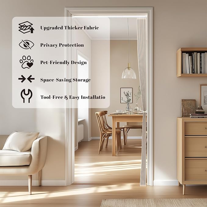 AJAZZ Blackout Door Curtain Pleated Magnetic Doorway Curtain Accordion Door Interior Room Divider Invisible Applicable Bedroom Room Living Room (1 Pack, 43W x 78 L,Biscotti Beige)
