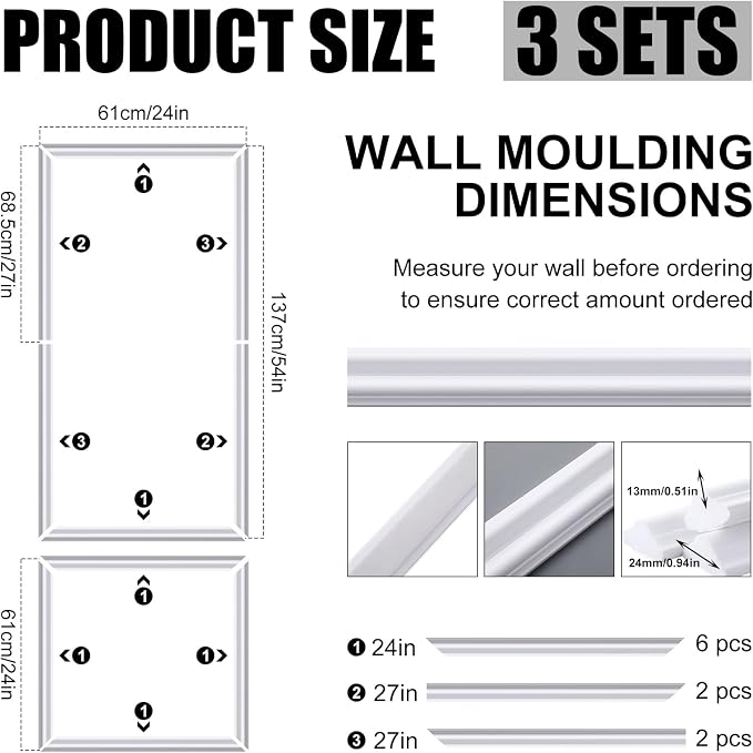 Pangda 3 Set Peel and Stick Wall Molding Kit, 3D Premade Accent Molding Wainscoting Panel for Interior Wall Moulding Decor, Ready to Assemble Wainscoting Accent Panel (24 x 54in)
