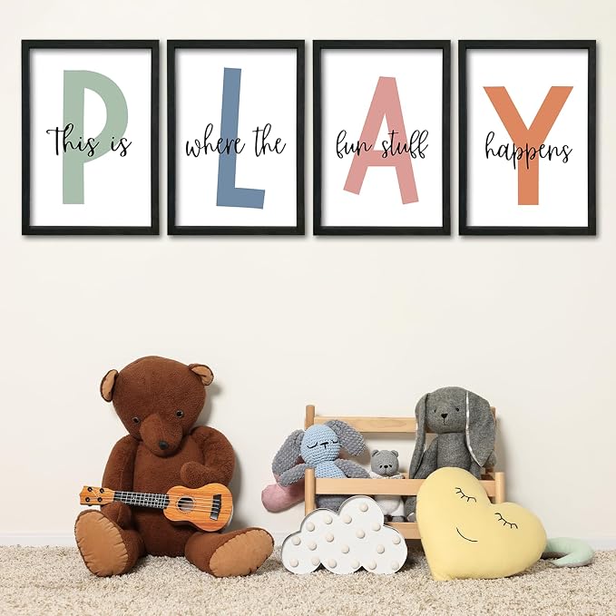 This Is Where Fun Stuff Happens Kids Playroom Wall Decor PLAY Quote Art | Motivational Prints for Nursery, Black Wood Frame, Set of 4, 16x24 Inches , Let's Play Sign for Toddler Boys, Ready to Hang