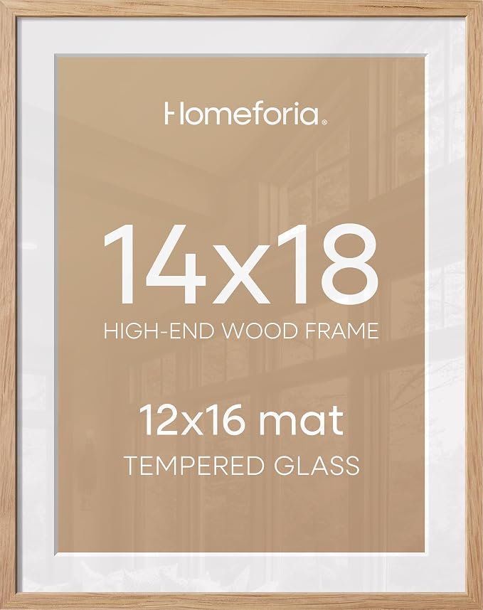 Homeforia 14x18 Picture Frame Natural Wood, High End Oak 14x18 Light Wooden Poster Frame with Mat 12x16, 14 x 18 Frames Matted to 12 x 16 Photo, 18x14 Hanging Frame, Tempered Glass, Wall Kit, Set of 3