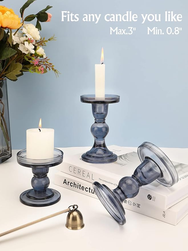 Lewondr Glass Candle Holders, 3 Pieces Crystal Clear Candlesticks with Elegant Design for Pillar Taper Candle and Tea Light, Home Table Living Room Wedding Party Decorations Home Décor - Smoky Blue