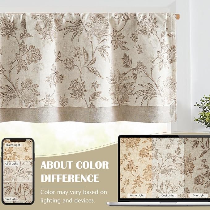 jinchan Floral Valance Curtain Linen Kitchen Valance for Windows 16 Inch Farmhouse Light Filtering Floral Short Window Treatment for Living Room 1 Panel Rod Pocket Double Layer Taupe on Beige