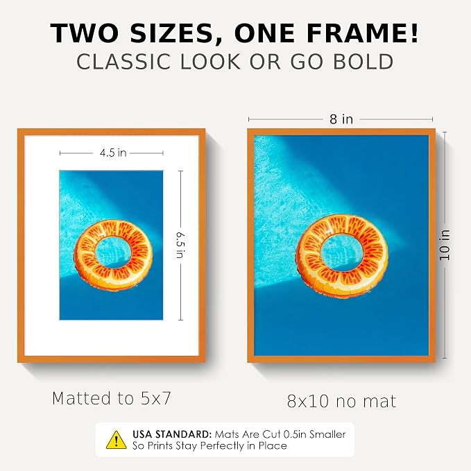 FLYJOE 8x10 Picture Frame for 5x7 Photo, Minimalist Aluminum Frame, Orange | Sleek Metal Wall Frame for Gallery, Desk, or Gift Giving | Shatterproof Glass & Wall Kit
