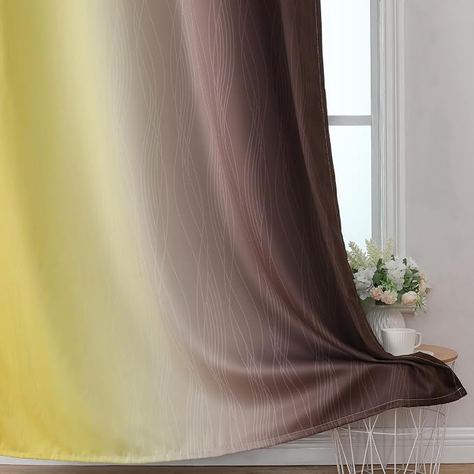 Estelar Textiler Brown and Yellow Blackout Curtains 45 Inch Length, Full Light Blocking Gradient Drapes for Bedroom, Thermal Insulated Grommet Ombre Curtains for Bathroom, 52Wx45L, 2 Panels