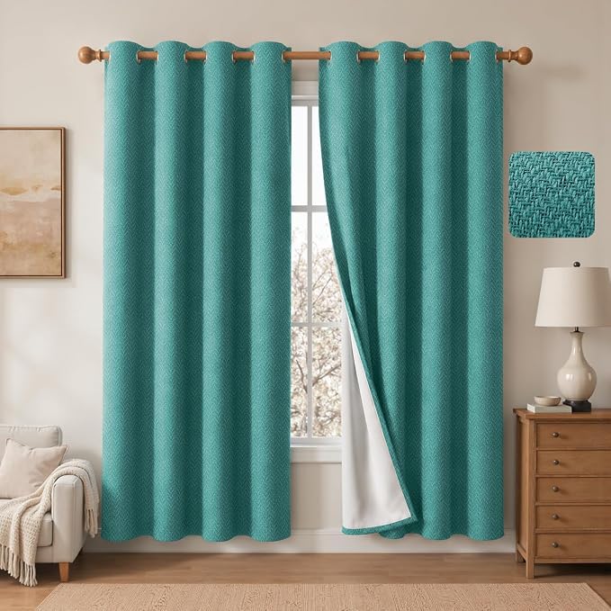 2 Panels 100% Blackout Linen-Textured Curtains, Thick Thermal Insulated Grommet Drapes with Subtle Herringbone Weave, Luxury Decor for Bedroom/Living Room, 54 x 72 Inches, Teal