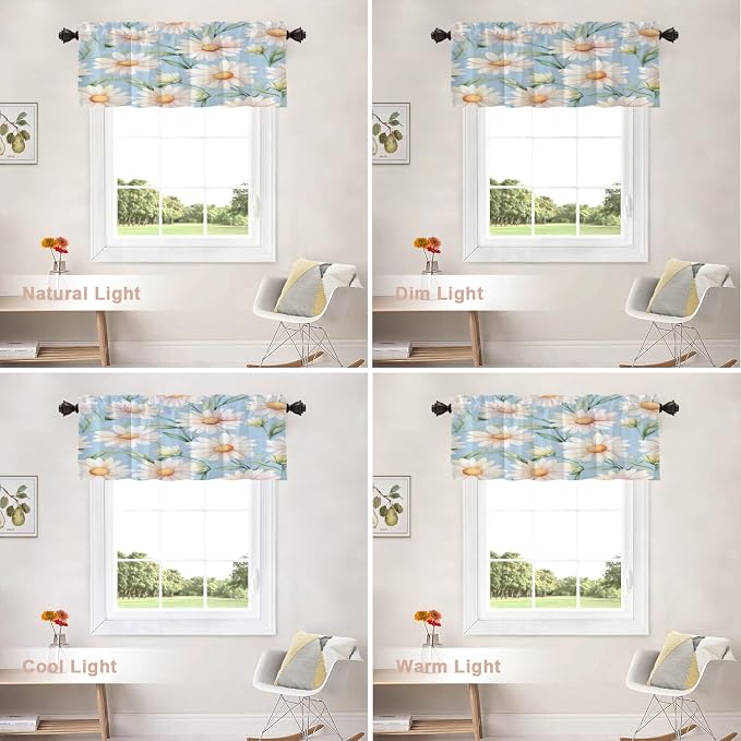 Shrahala Daisies Leaves Kitchen Valances, White Daisies On Blue Half Window Curtain Window Treatment Multilayer Polyester Blackout for Living Room Bathroom 2 Pack 52 x 16 in