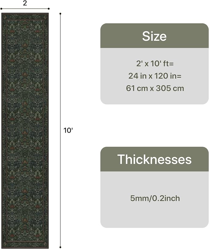 GENIMO 2x10 Washable Long Runner Rug, Non Slip Hallway Mat, Dark Green | Vintage Boho Floral Low Pile Thin Mat for Entryway, Kitchen, Bedroom, Indoor Decor