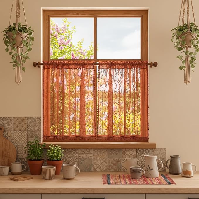 WAZZIO Boho Lace Curtains 54 Inch 2 Panels-Vintage Sheer Panel Drape Floral Pattern & Tassel Light Filtering Privacy for Bedroom Dining Living Room,Cottage Earthy Full Decor Terracotta,W52 x 54L