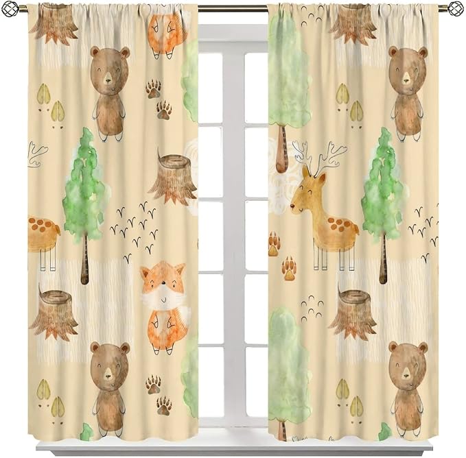 Rustic Animal Curtains, Wild Forest Animal Bear Fox Deer Kids Window Treatments for Living Room Bedroom, Farmhouse Woodland Blackout Drapes 2 Panel Sets, 55x63 Inch