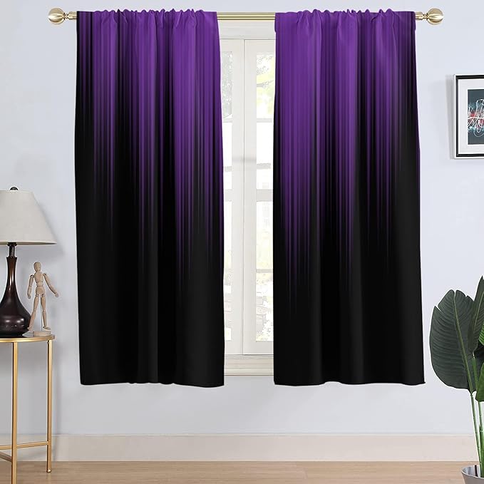 AAtter Purple and Black Ombre Window Curtain, Room Darkening, 42" W x 63" L | Dark Gothic Rod Pocket Drapes, Abstract Moody High Precision Fabric, Plum Witchy Modern, 2 Panels Bedroom Decor for Women
