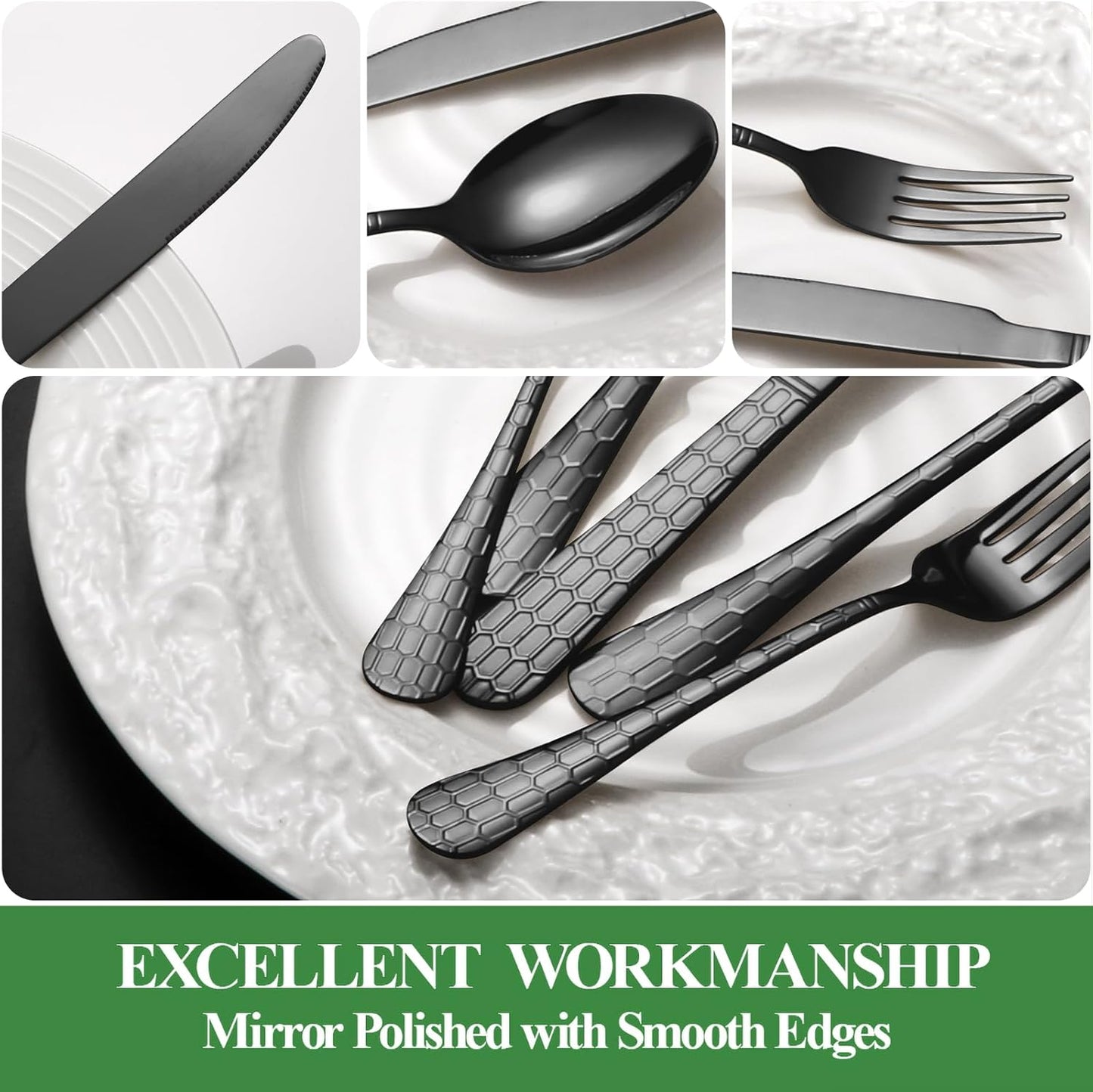 20 Pcs Black Silverware Set for 4 with Water Cube Handle design, Food Grade Stainless Steel Flatware Set, Eating Utensils Sets Include Fork/Knife/Spoon, Reusable Cutlery Set, Dishwasher Safe