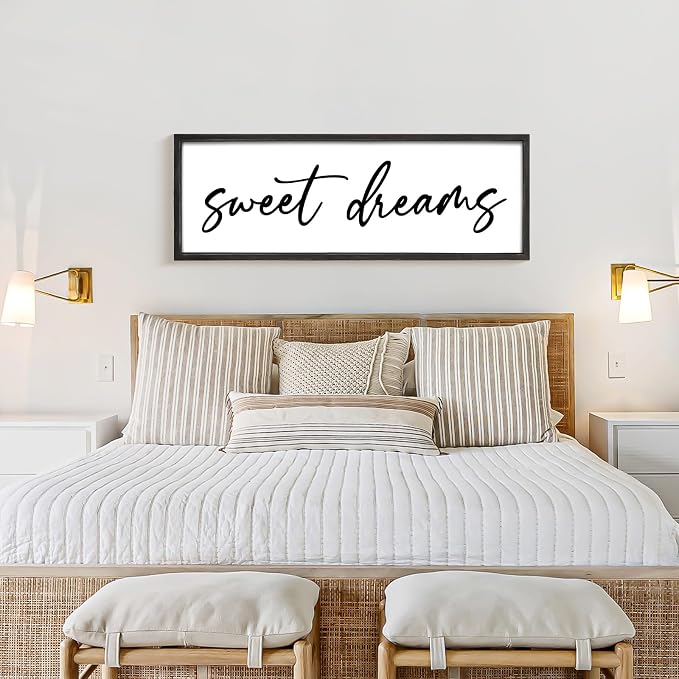 Sweet Dreams Wall Decor Above Bed 42''×15'' Large Bedroom Sign Farmhouse Bedroom Wall Sign Wood Framed Guest Room Decor Master Bedroom Wall Decoration (Black)