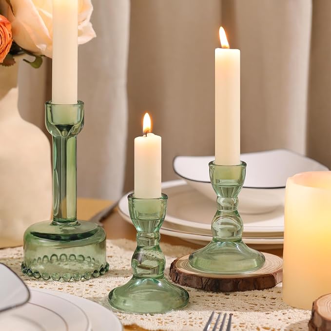 Lanttu 6 Pcs Green Glass Candlestick Holders Taper Candle Holder Bulk | Crystal Candle Holders for Wedding, Table Centerpiece, Home Decoration