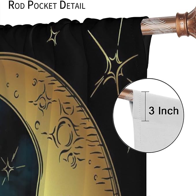Sun Moon Blackout Windows Curtains, Boho Chic Art Golden Sun Moon and Stars Over Blue Black Sky Antique Style Curtains, for Living Room Bedroom 52x84in 2 Panels