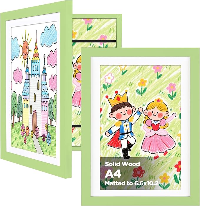 KINLINK A4 Kids Art Frame 2 Pack, Solid Wood Artwork Frames Changeable, Front Opening Hold 150 Pictures, Art Frames for Kids Artwork, 6.6x10.2 with Mat A4 without Mat, Picture Frames Light Green