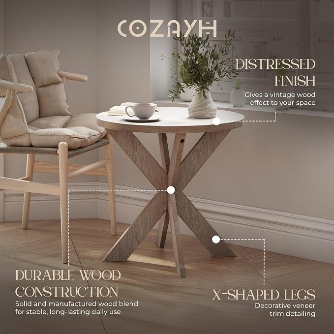 Farmhouse Cross Leg end Table, French Country Accent Side Table for Family, Dinning or Living Room, Small Spaces, Modern, Round, Vintage Grey Finish.