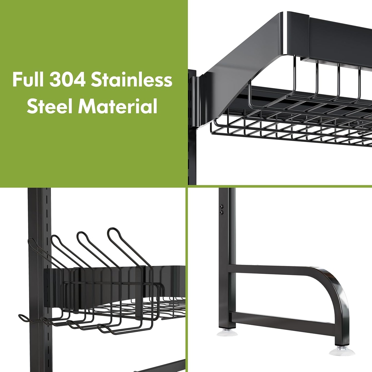 3 Tier Extra Large Stainless Steel Expandable Over The Sink Dish Drainer Drying Rack, Rust Proof Metal, Space Saving, Modern Black Big Capacity Extendable Plate Strainers Above Kitchen Counter