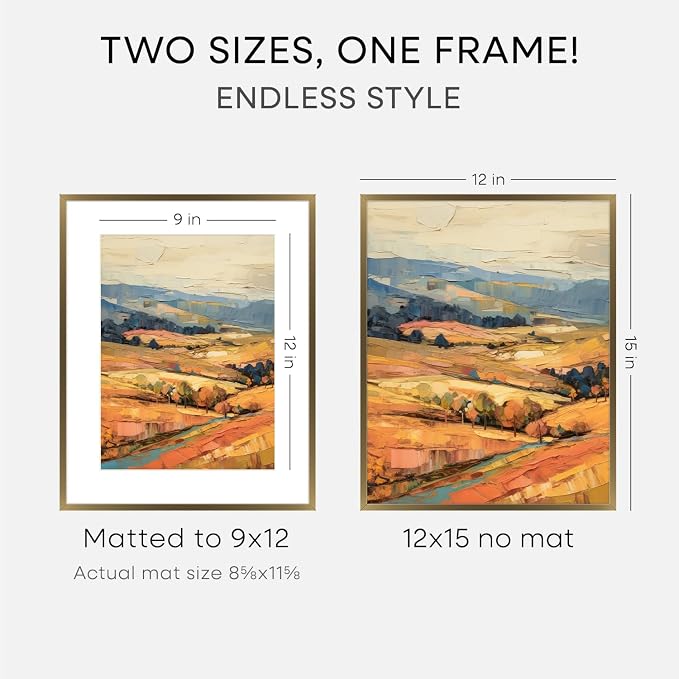 Homeforia 12x15 Picture Frame Bronze, High End Metal 12x15 Brass Poster Frames with Mat 9x12 Photo, 12 x 15 Bronze Frame Matted to 9 by 12 Print, 15by12 Thin Frames, Tempered Glass, Wall Kit, Set of 2