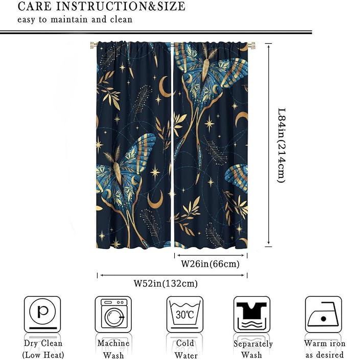 Witchy Curtains, Goth Curtains, Moth Decor, Star Curtains, Moth Curtains Darkening Curtains Botanical Curtains for Bedroom Living Room W52xL84 Inch