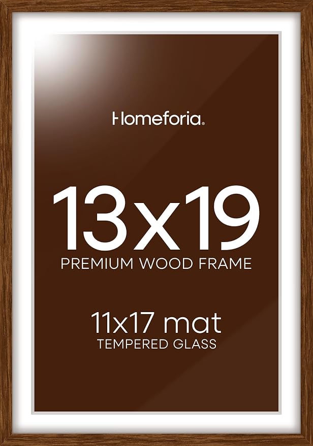 Homeforia 13x19 Picture Frame Brown, High End Dark Oak 13x19 Wooden Frames with Mat 11x17, 13 x 19 Walnut Wood Poster Frame Matted to 11 by 17, 19x13 Hanging Frames, Tempered Glass, Wall Kit, Set of 2