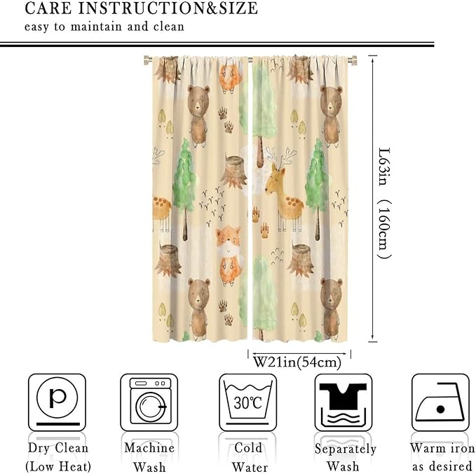 Rustic Animal Curtains, Wild Forest Animal Bear Fox Deer Kids Window Treatments for Living Room Bedroom, Farmhouse Woodland Blackout Drapes 2 Panel Sets, 42x63 Inch