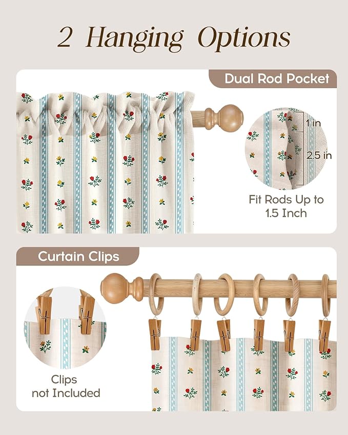 Miss Adola Farmhouse Kitchen Tier Curtains - 45 Inch Length Linen Blend Boho Cafe Curtains Blue Floral Small Window Treatments Over Sink Rod Pocket for Bathroom Living Room Light Filtering, 4 Panels