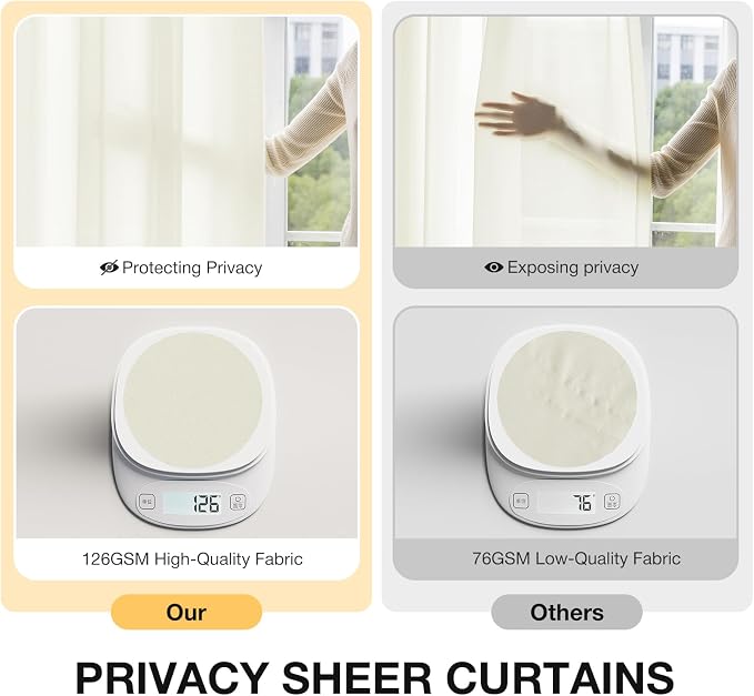 Anmao Non-See-Through Cream Privacy Semi Sheer Curtains for Living Room 96 Inch Length 2 Panels Set, Light Filtering That Let Light in Rod Pocket Window Drapes for Bedroom, 52W x 96L, Beige Yellow
