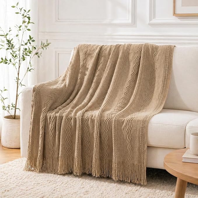 BATTILO HOME Tan Throw Blanket for Bed, Boho Decorative Blanket for Couch, Taupe Throw Blanket for Home Decor, 50"x60"