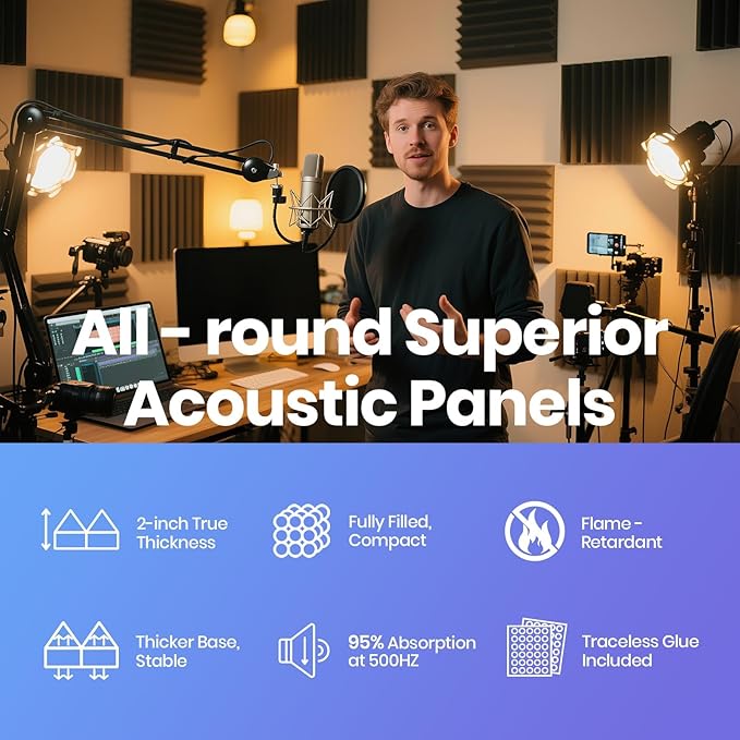 Focusound White Acoustic Panels 50 Pack 2"x12"x12" with 300 PCS Double-Side Adhesive - Sound Proof Pyramid Foam for Walls, Home Studio Noise Absorption & Echo Control Kit