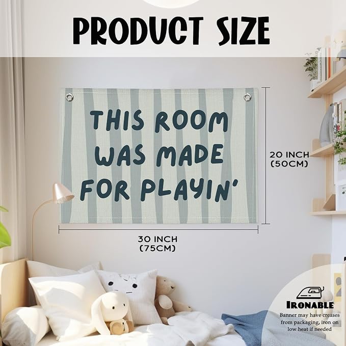Playroom Decor Wall Banner "This Room Was Made For Playin'" 20x30 Inch - Nursery Canvas Art, Kids Bedroom Hanging, Linen Toddler Play Area Sign, Children's Canvas Flag Decor - Blue