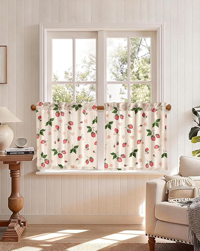 Miss Adola Farmhouse Kitchen Tier Curtains - 24 Inch Length Linen Blend Country Cafe Curtains Strawberry Small Window Treatments Over Sink Rod Pocket for Bathroom Living Room Light Filtering, 2 Panels
