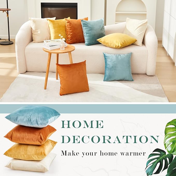 Berlune 8 Pcs Blue and Orange Velvet Throw Pillow Covers 18" x 18" Decorative Boho Cushion Cases Soft Pillowcase for Summer Farmhouse Couch Sofa Bed Home Decor, No Inserts