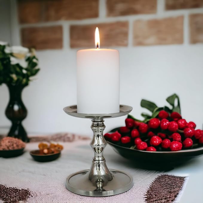 Hosley Set of 2 Silver Finish Pillar Holder, 5" High. Ideal Gift for Wedding, Party, Special Occasion or as a Candle Holder. W1