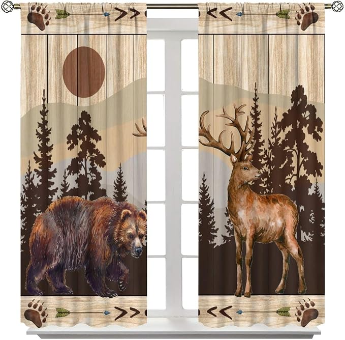 Bear Deer Blackout Curtains for Kitchen Vintage Country Hunting Cabin Wood Planks Forest Bear Footprints Deer Black Bear Bow and Arrow Wildlife Windows Treatments for Bedroom Living Room 63x72in