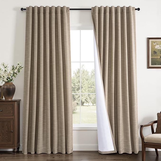 Topfinel 84 Inch Length 100% Blackout Viral Curtains with Back Tab Rod Pocket, Linen Textured Thermal Insulated Blackout Curtains Aesthetic Door & Window, Light Burlywood 52" W*84" L