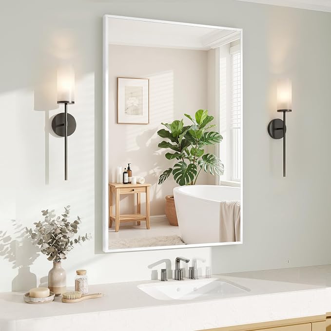 Koonmi White Rectangle Wall Mirror, 24x36 Inch Bathroom Mirror, Aluminum Frame Vanity Mirror for Entryway, Living Room, Bedroom Bathroom, Hangs Horizontally or Vertically