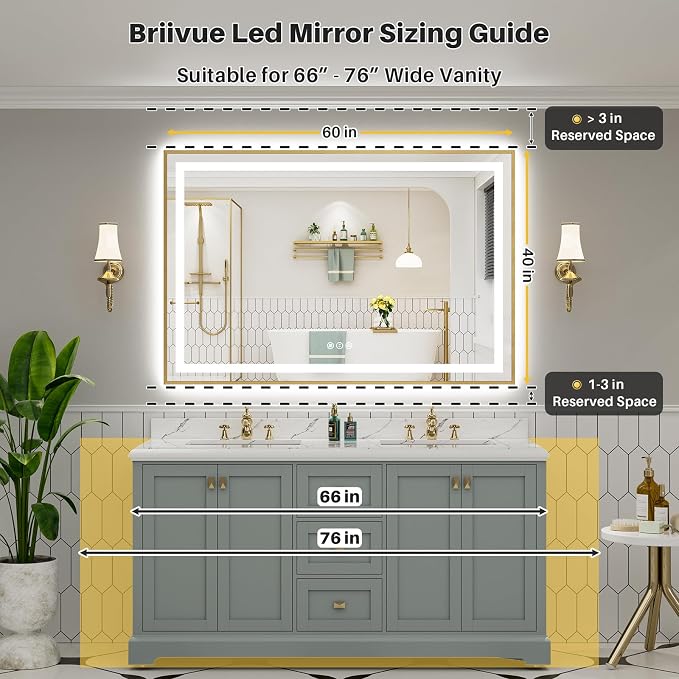 60x40 Inch LED Bathroom Mirror with Gold Frame, Backlit & Front Lit, Anti-Fog Lighted Bathroom Vanity Mirror for Wall, Memory Function, Dimmable, HD Tempered Glass, Shatter-Proof
