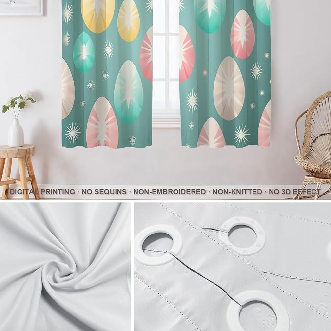 Shrahala Easter Eggs Stars Thermal Insulated Blackout Window Curtains, Colorful Easter Egg Pattern Long Drapes for Bedroom/Living Room with Plastic Grommet, 52X63 Set of 2