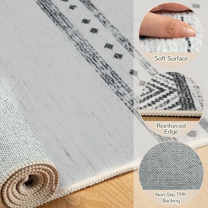 BESTSWEETIE 2x8 Area Rugs for Living Room Washable Moroccan Farmhouse Neutral Geometric Low Pile Non-Slip Soft Print Pattern Rug for Bedroom Kitchen Dining Room Entryway Grey/Black/Navy