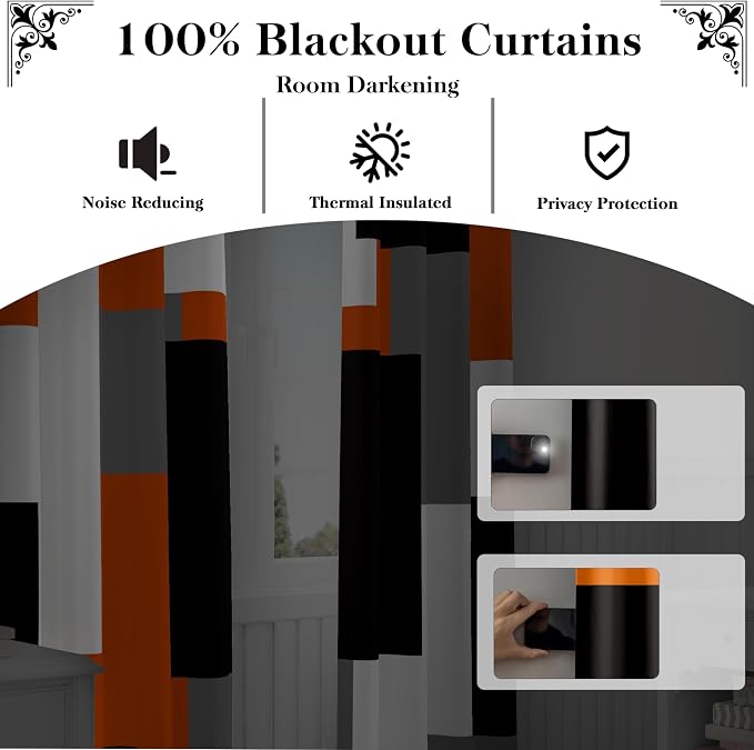 Tyrot Orange 100% Blackout Curtains for Bedroom 96 inch Long 2 Panels Set Black Grey Modern Abstract Geometric Black Out Curtains Insulated Room Darkening Window Drapes for Living Room, 52Wx96L